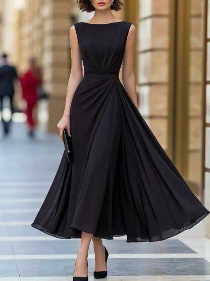 Sleeveless Chiffon Pleated A-Line Midi Dress