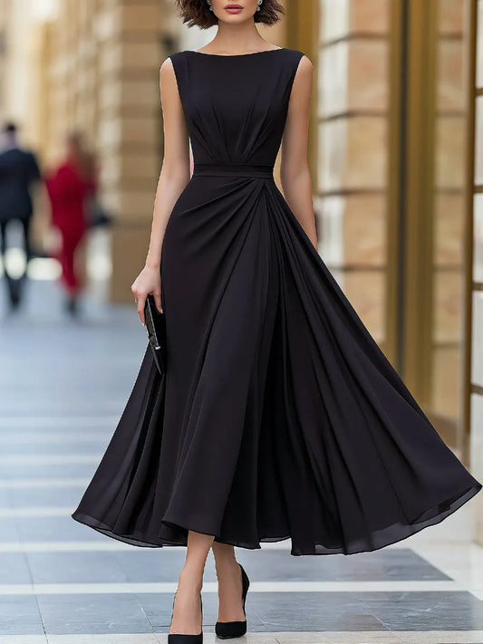 Sleeveless Chiffon Pleated A-Line Midi Dress