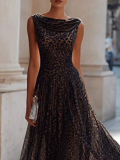 Cowl Neck Pleated Leopard-Print Maxi Dress