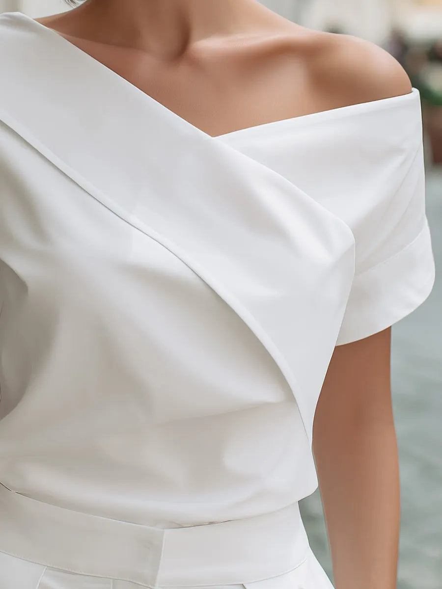 Asymmetrical Off-Shoulder Folded Collar Blouse