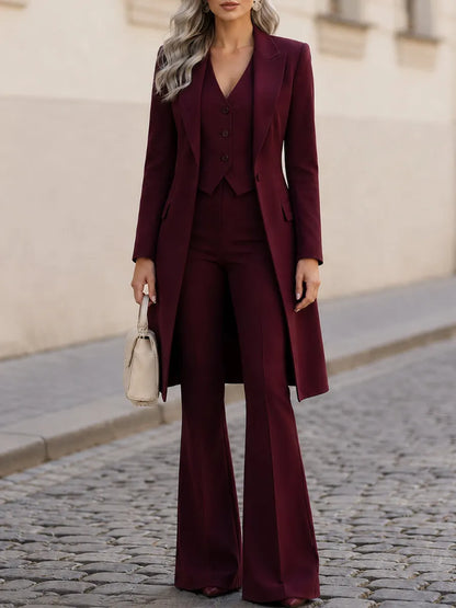 Three-Piece Suit, Long Line Blazer + V-Neck Vest + Flared Trousers Formal  Set