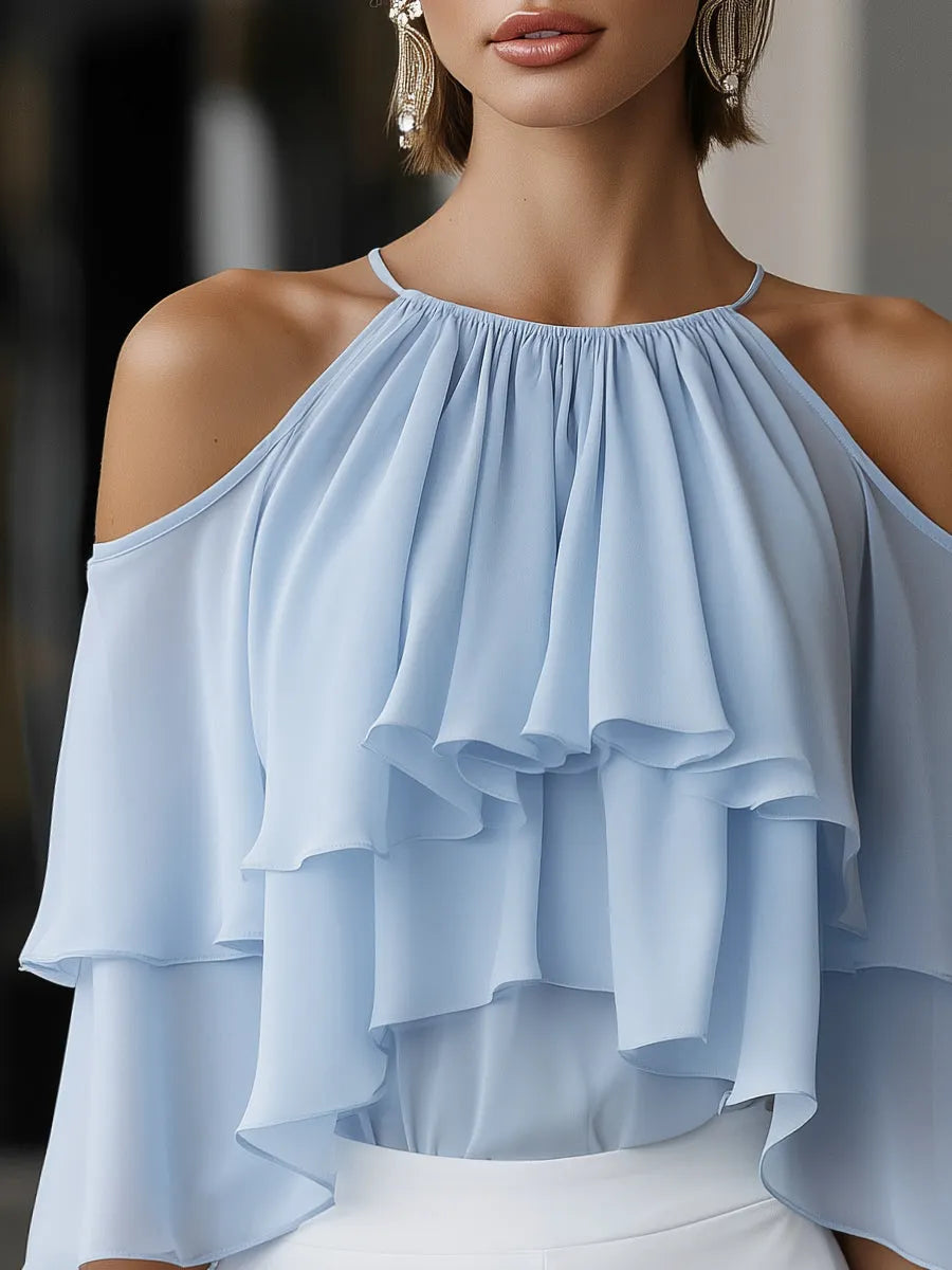 Elegant Cold-Shoulder Tiered Ruffle Chiffon Blouse