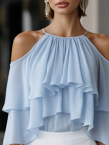 Elegant Cold-Shoulder Tiered Ruffle Chiffon Blouse