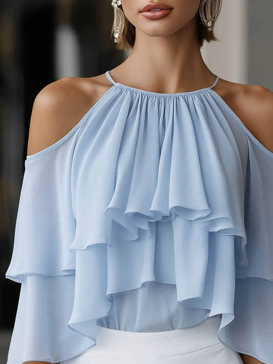 Elegant Cold-Shoulder Tiered Ruffle Chiffon Blouse
