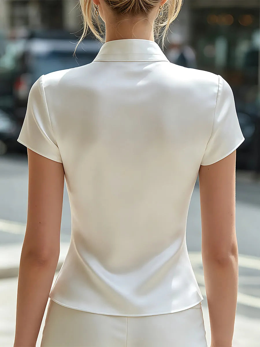 Stand-Collar Keyhole Satin Short-Sleeve Top