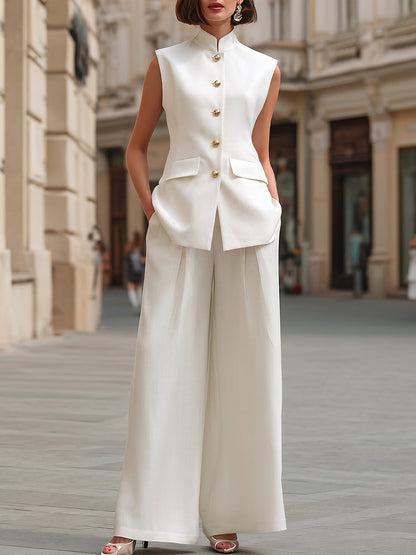 Minimalist Mandarin Collar Tailored Vest And Wide-Leg Trouser Set