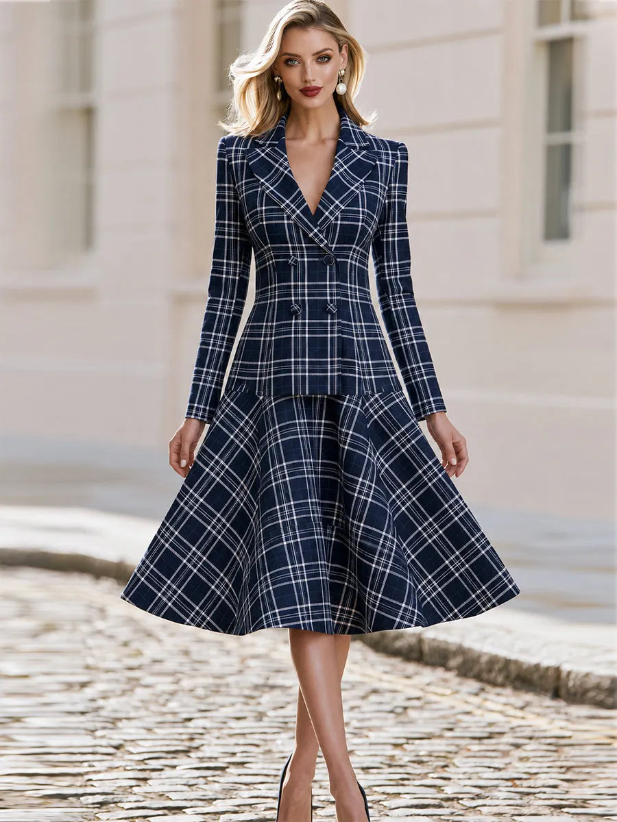 Notched Lapel Double Breasted  Plaid Long Sleeve Fit & Flare Midi Dress