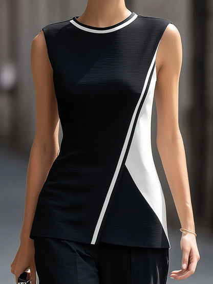 Sleeveless Contrast Panel Top And Wide-Leg Pants Set