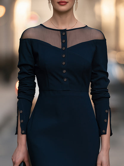 Sheer Yoke Button-Detail Midi Dress