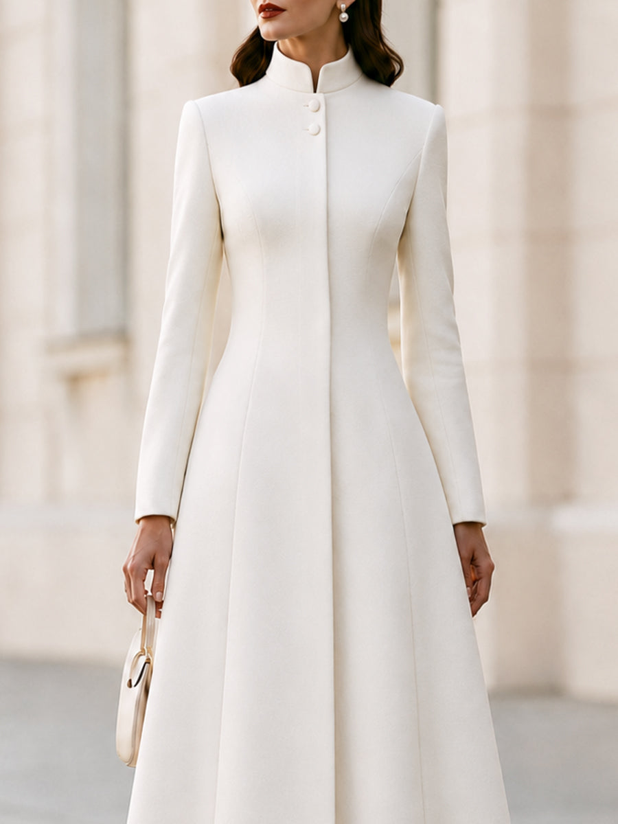Stand‐Collared Button‐Front Fit‐and‐Flare Midi Coat‐Dress