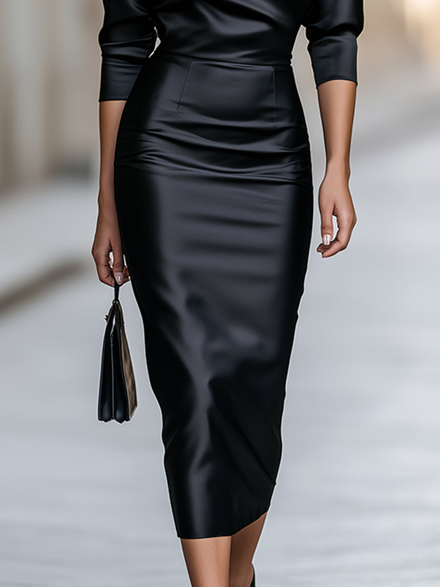 Satin Off Shoulder Ruched 3/4 Sleeve Midi Bodycon Dress