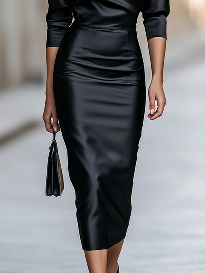 Satin Off Shoulder Ruched 3/4 Sleeve Midi Bodycon Dress
