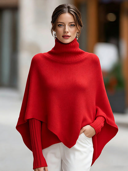 Turtleneck Asymmetrical Knit Poncho Sweater