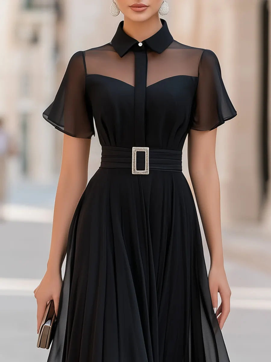 Semi-sheer Yoke Belted Chiffon Midi Dress