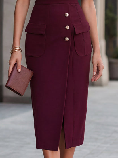 Off-Shoulder Asymmetric Foldover Mock Button Slit Pencil Midi Dress