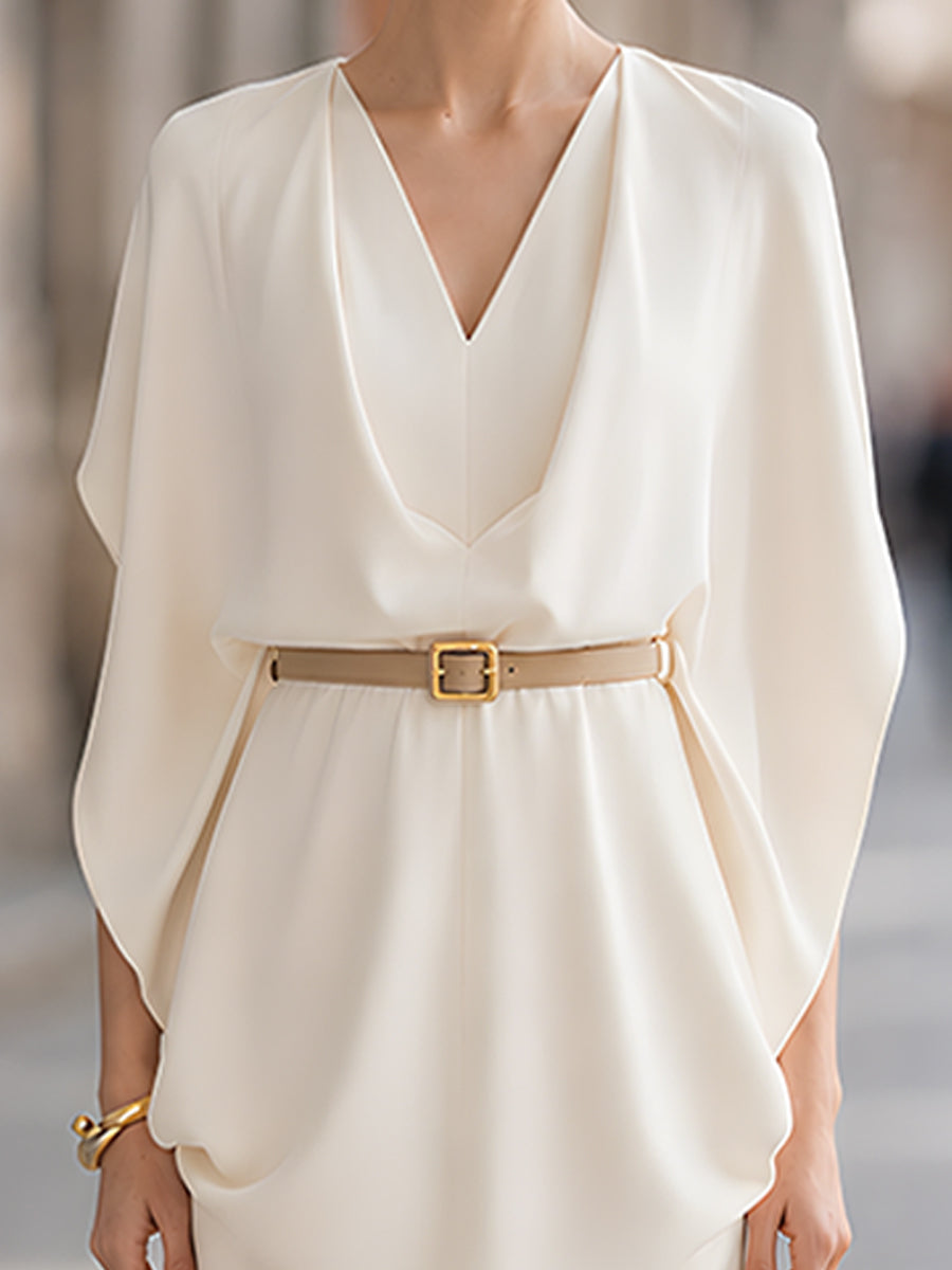Midi Dress A Belt Cape Sleeves A Cowl Neckline