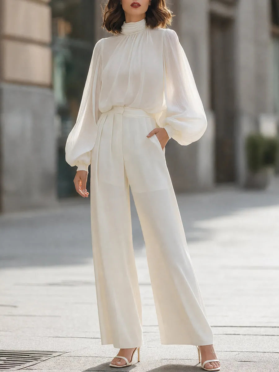 Elegant High Neck Lantern Sleeve Blouse & Wide Leg Trousers Set