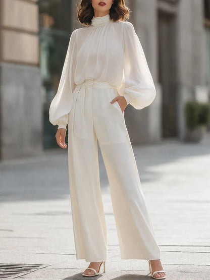 Elegant High Neck Lantern Sleeve Blouse & Wide Leg Trousers Set