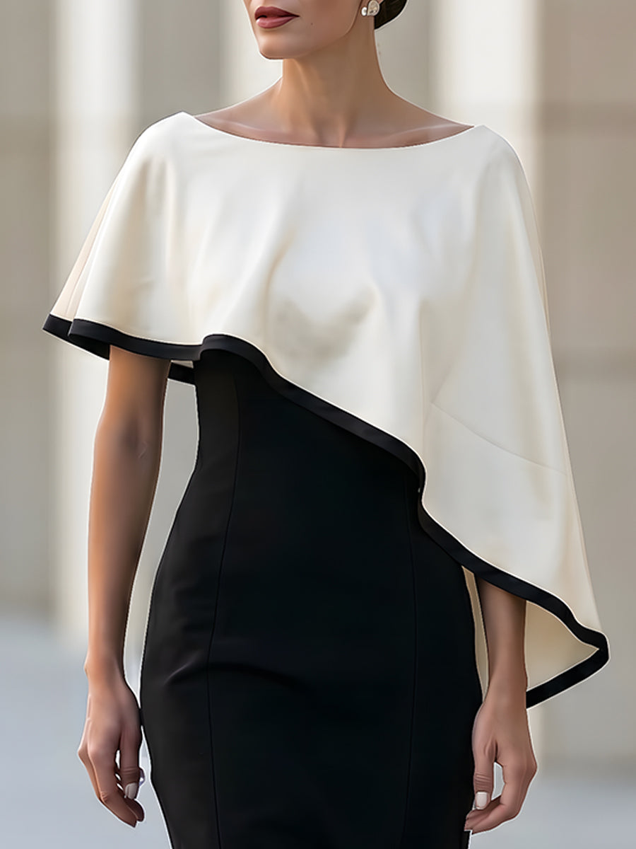 Black Sheath Midi Dress With Asymmetric Cape Overlay In White Contrast Trim