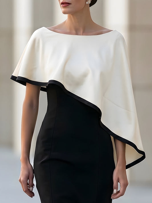 Black Sheath Midi Dress With Asymmetric Cape Overlay In White Contrast Trim