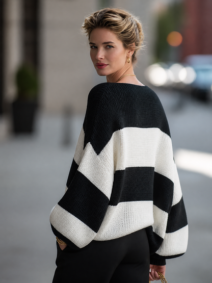 Women's Off-Shoulder Striped Chunky Knit Oversized Sweater