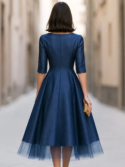 Tulle Hem Bateau Neck A-Line Midi Dress