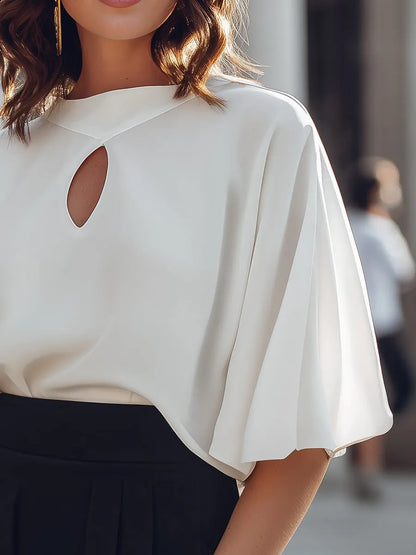 Keyhole Neck Flutter Sleeve Blouse With Soft Draped Silhouette