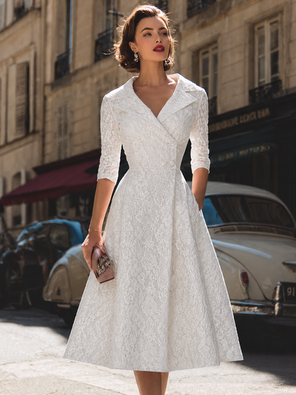 Vintage Lace Notch Collar Fit-and-Flare Midi Dress