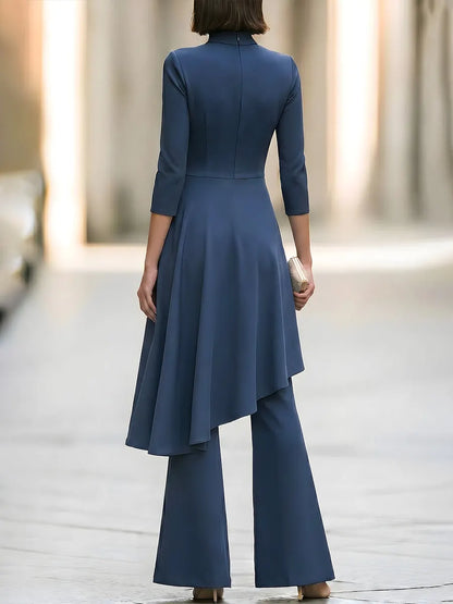 Asymmetric Draped Overlay Mock-Neck Top And Flared Trouser Set