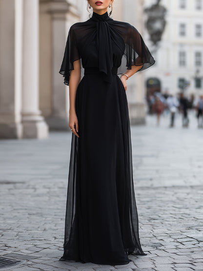 Sheer Tie-Neck Maxi Dress With Flutter Sleeves And Layered Skirt