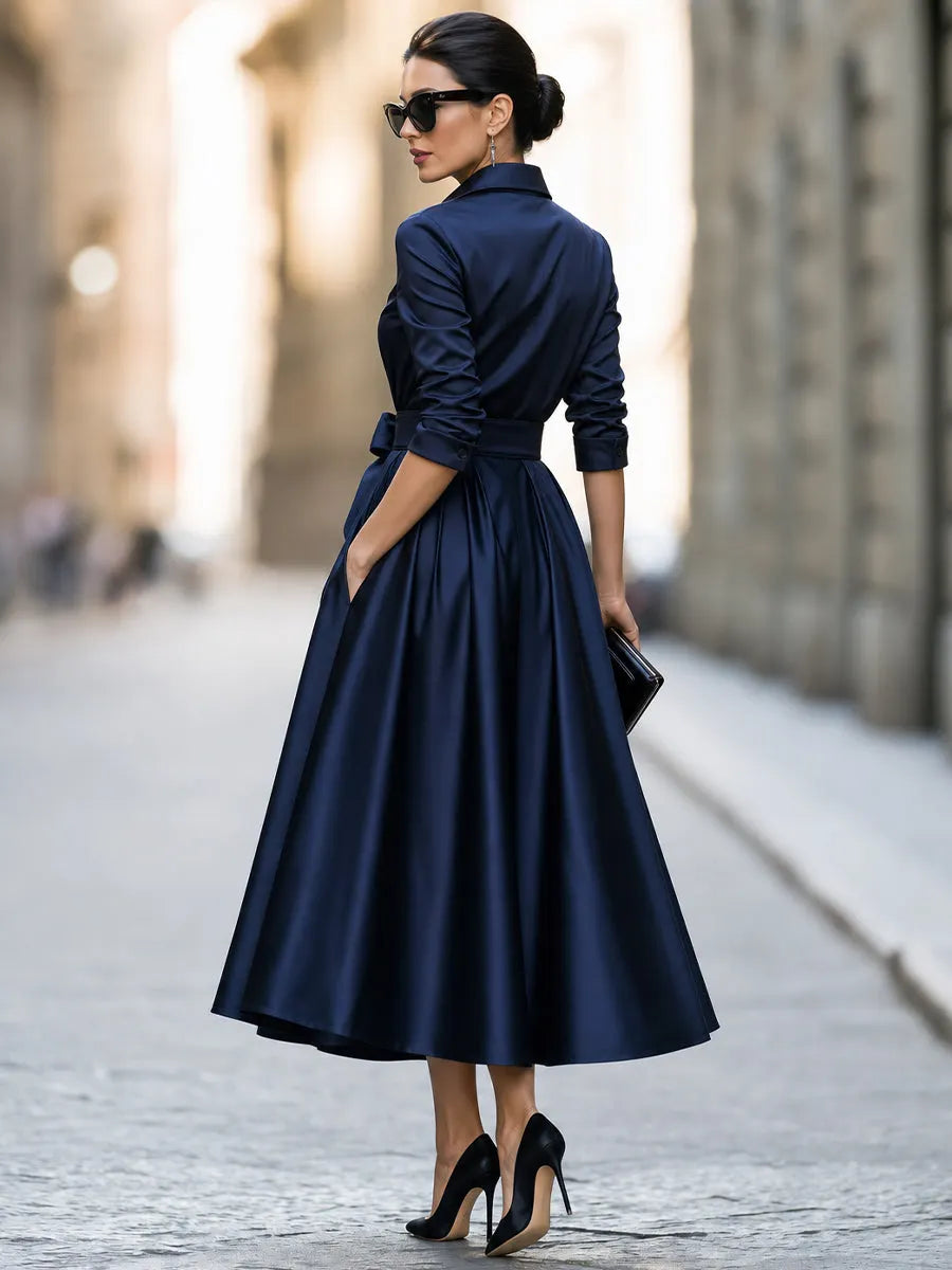 Elegant Navy Satin Shirt Dress with Belted Waist & Full A-Line Midi Skirt
