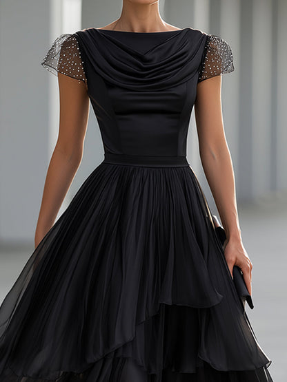 Elegant Formal Cowl Neck Satin Bodice Layered Chiffon Midi Cocktail Dress