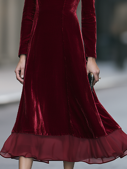 Turtleneck Princess-Seam Sheer Ruffle Hem Velvet A-Line Maxi Dress