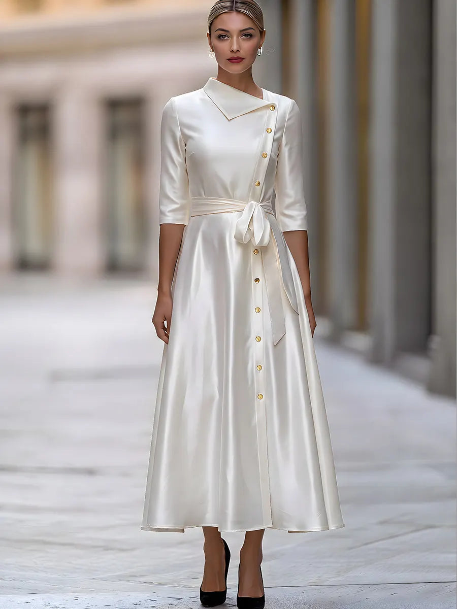 Satin Asymmetric Collar Gold Button Belted Midi Dress