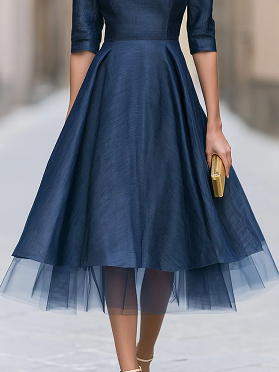 Tulle Hem Bateau Neck A-Line Midi Dress