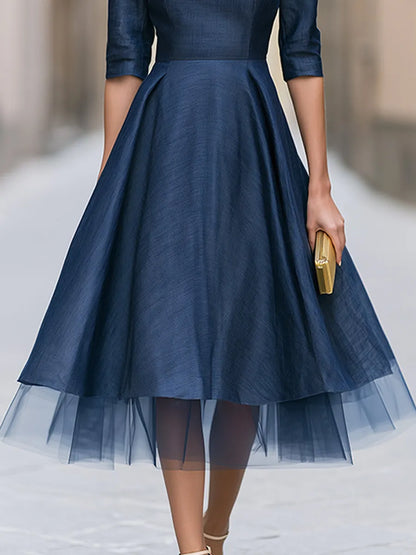 Tulle Hem Bateau Neck A-Line Midi Dress
