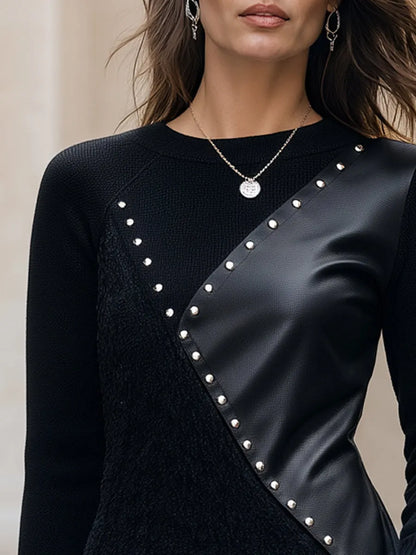 Studded Faux-Leather Panel Structured Knit Top