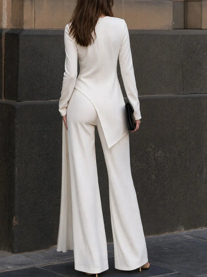 Asymmetric Pleated Overlay Top And Wide-Leg Pants Set