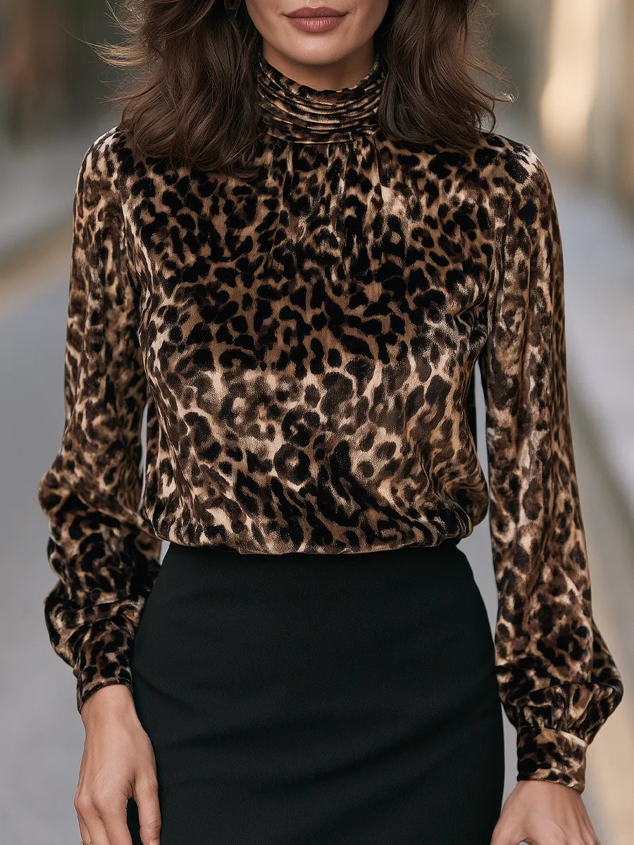 Women's Leopard Print High Neck Long Sleeve Blouse Top