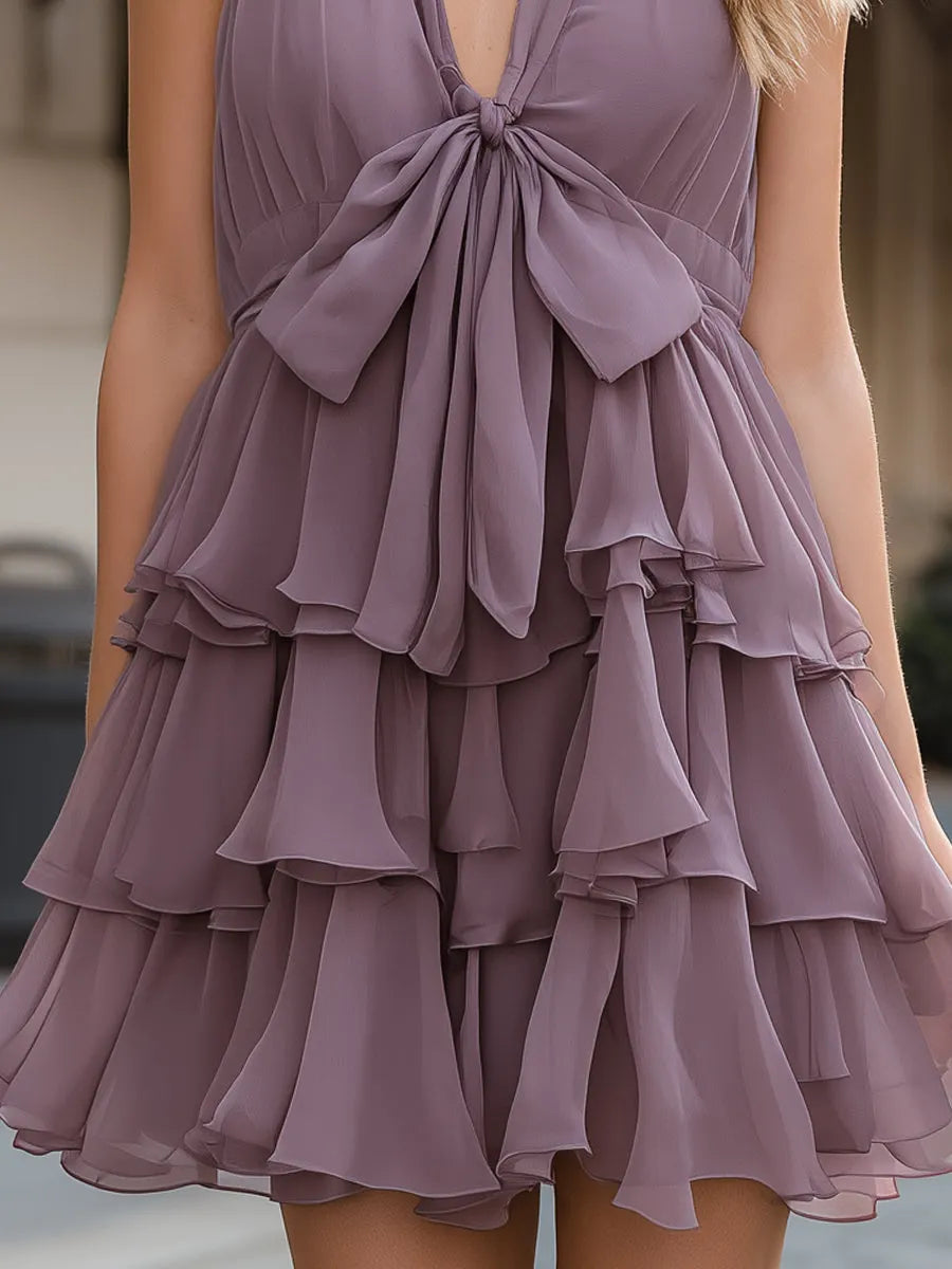 Tiered Ruffle Halter Mini Dress With Front Bow Detail