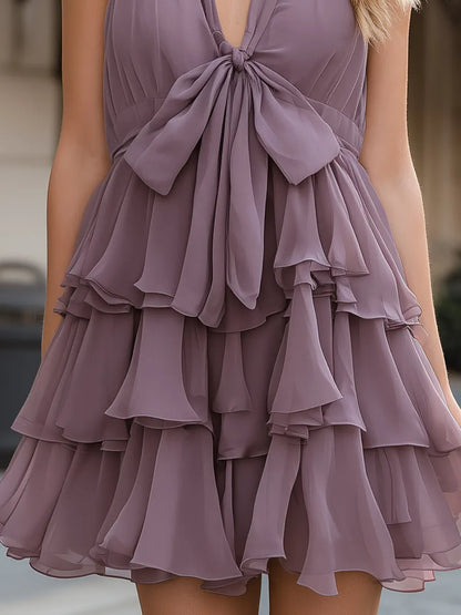 Tiered Ruffle Halter Mini Dress With Front Bow Detail