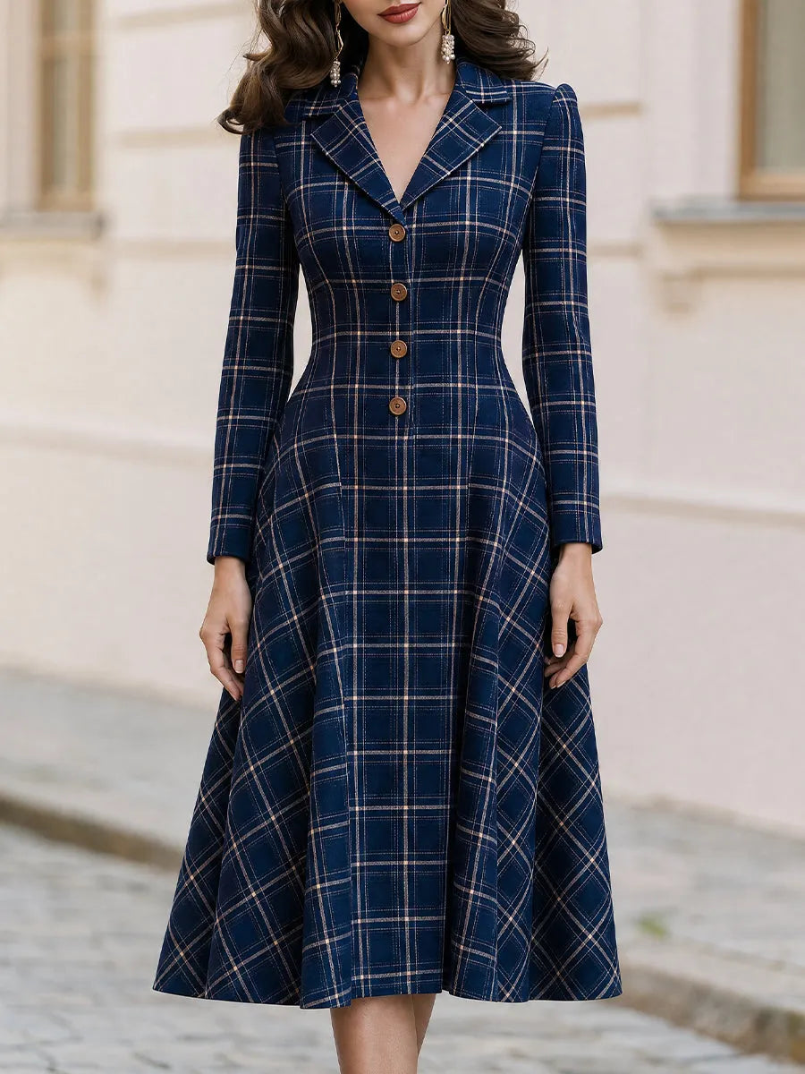 Notched Lapel Plaid Long Sleeve Button Front Fit & Flare Midi Dress