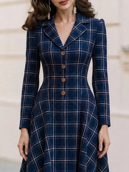 Notched Lapel Plaid Long Sleeve Button Front Fit & Flare Midi Dress
