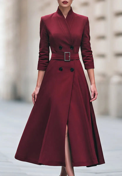 Belted Double-Breasted A-Line Midi Dress