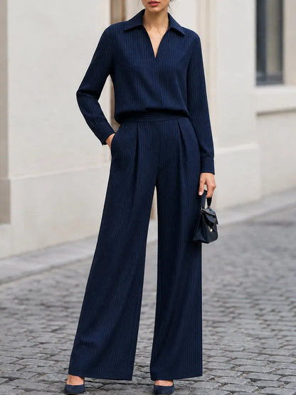 Collared V-Neck Shirt & High Waist Pleated Wide Leg Pants Two-Piece Suit