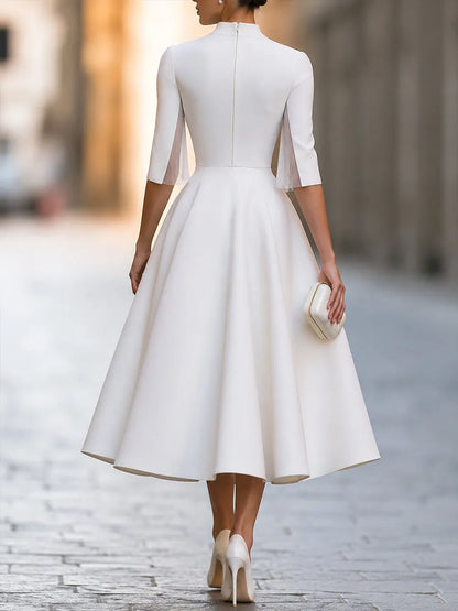 Pleated Cape Sleeve High-Low Midi Dress
