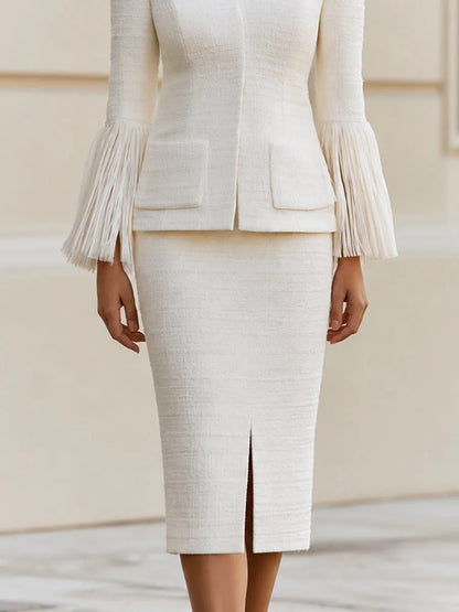 Tweed Fringe Sleeve Co-Ord Skirt Suit, Stand Collar Two Piece Formal Set