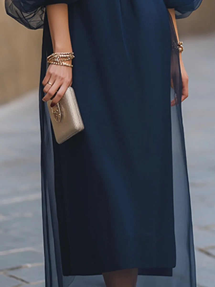 Sheer Organza Sleeve Belted Shirt Midi Dress