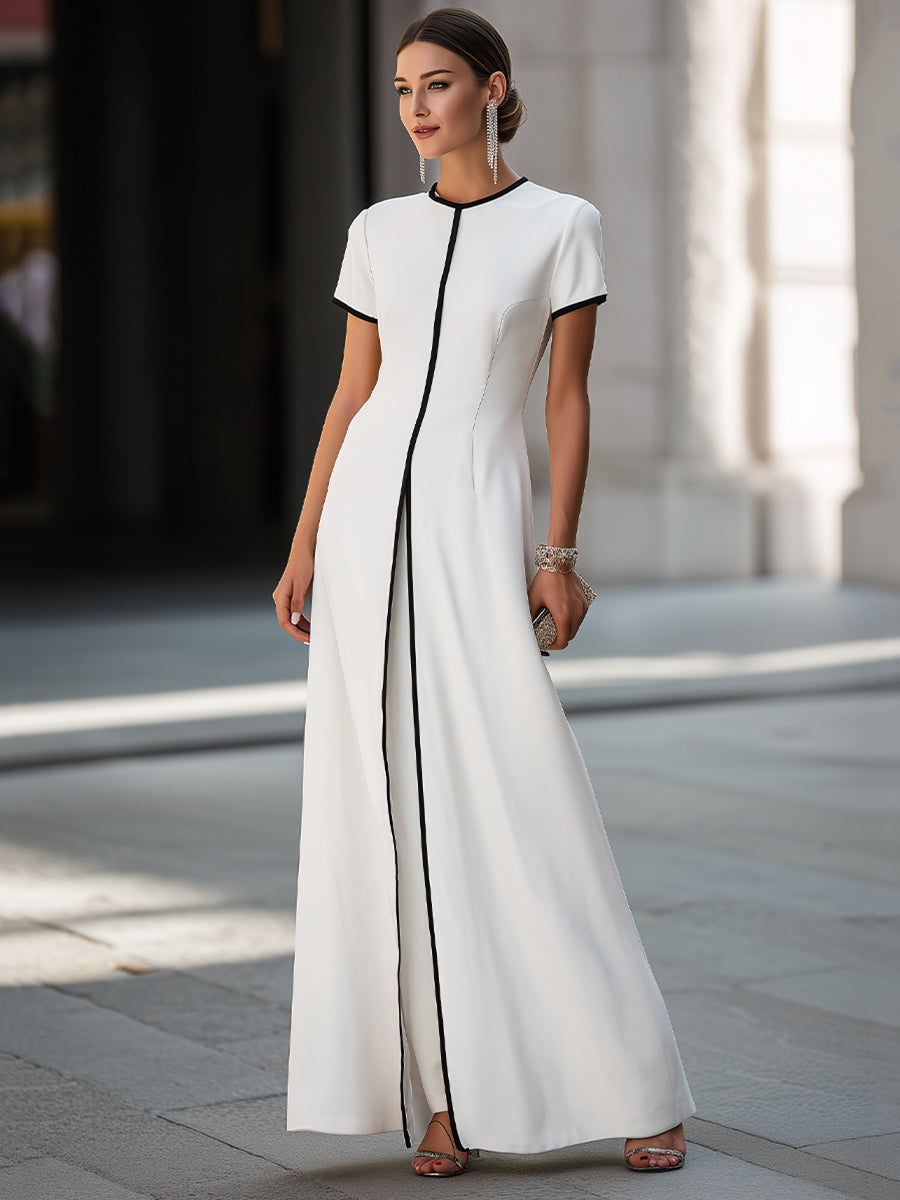 Contrast Piping Short Sleeve Maxi Dress & Wide Leg Pants Two-Piece Set