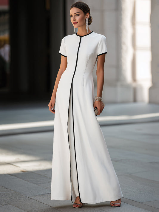 Contrast Piping Short Sleeve Maxi Dress & Wide Leg Pants Two-Piece Set